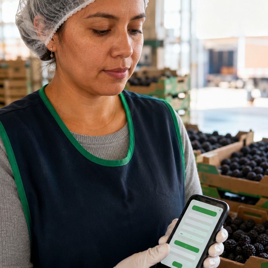 Colaboradora de control de calidad registrando cajas de fruta en su celular